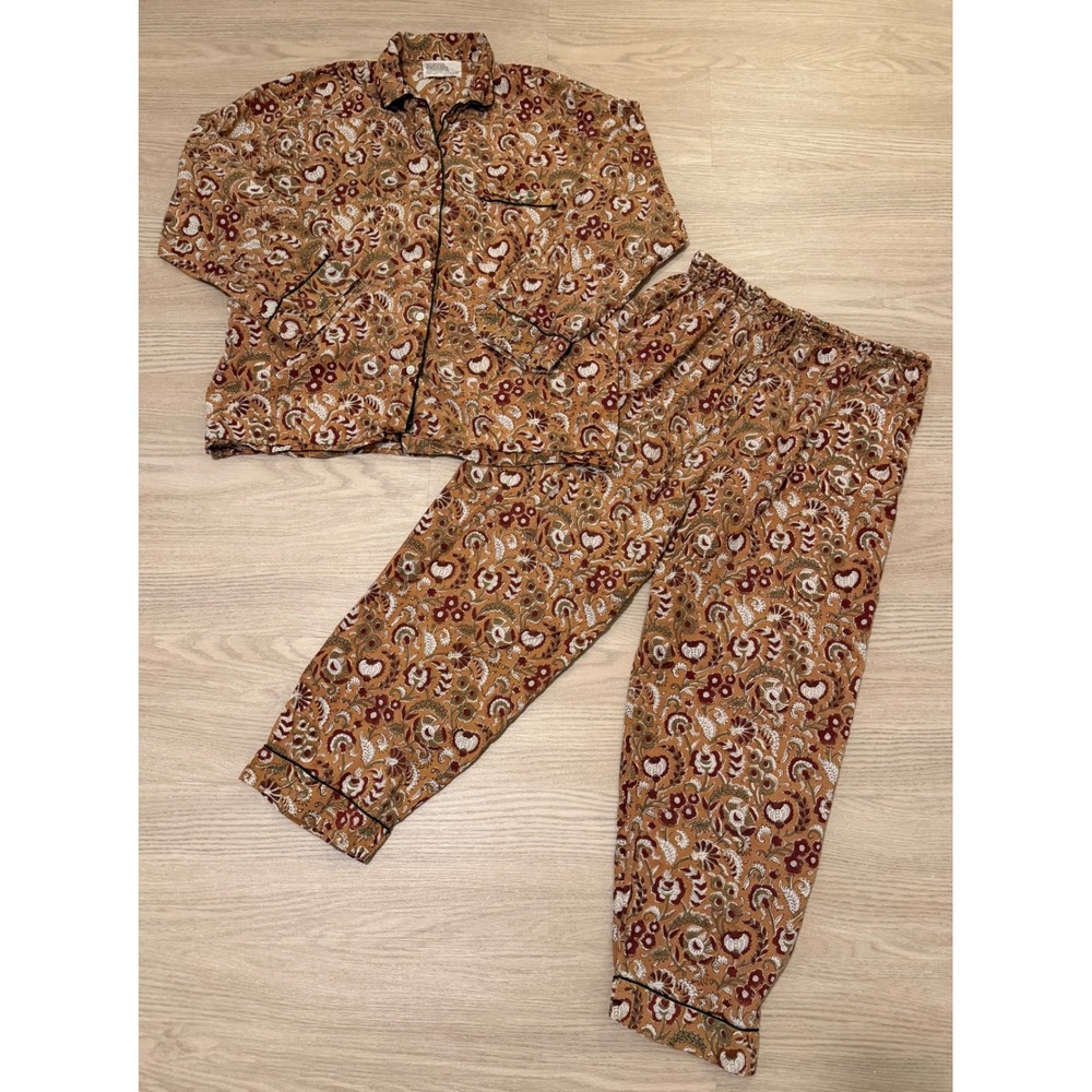 Naked Generation Cotton Floral Pajama Set Womens L Brown Floral Block Print Boho
